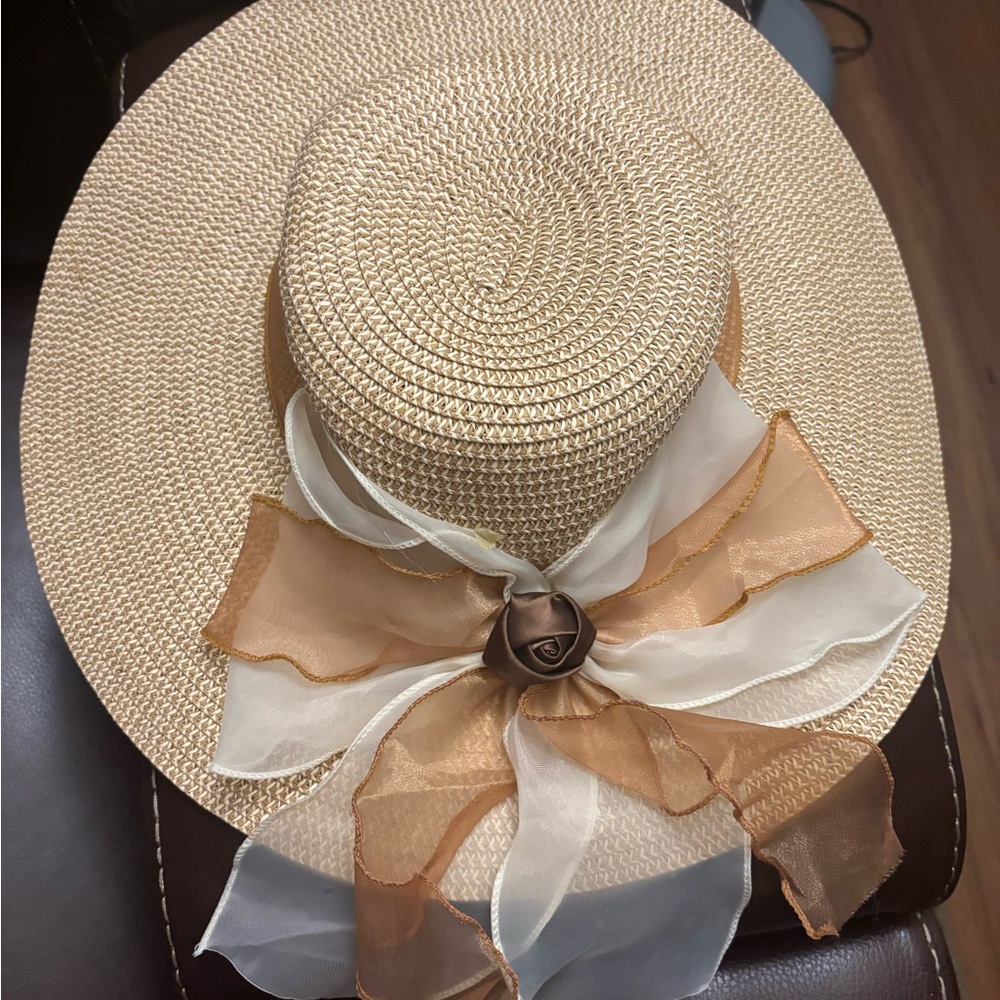 Wide Brim Straw Sun Hat with Ivory and Tan Ribbon Bow